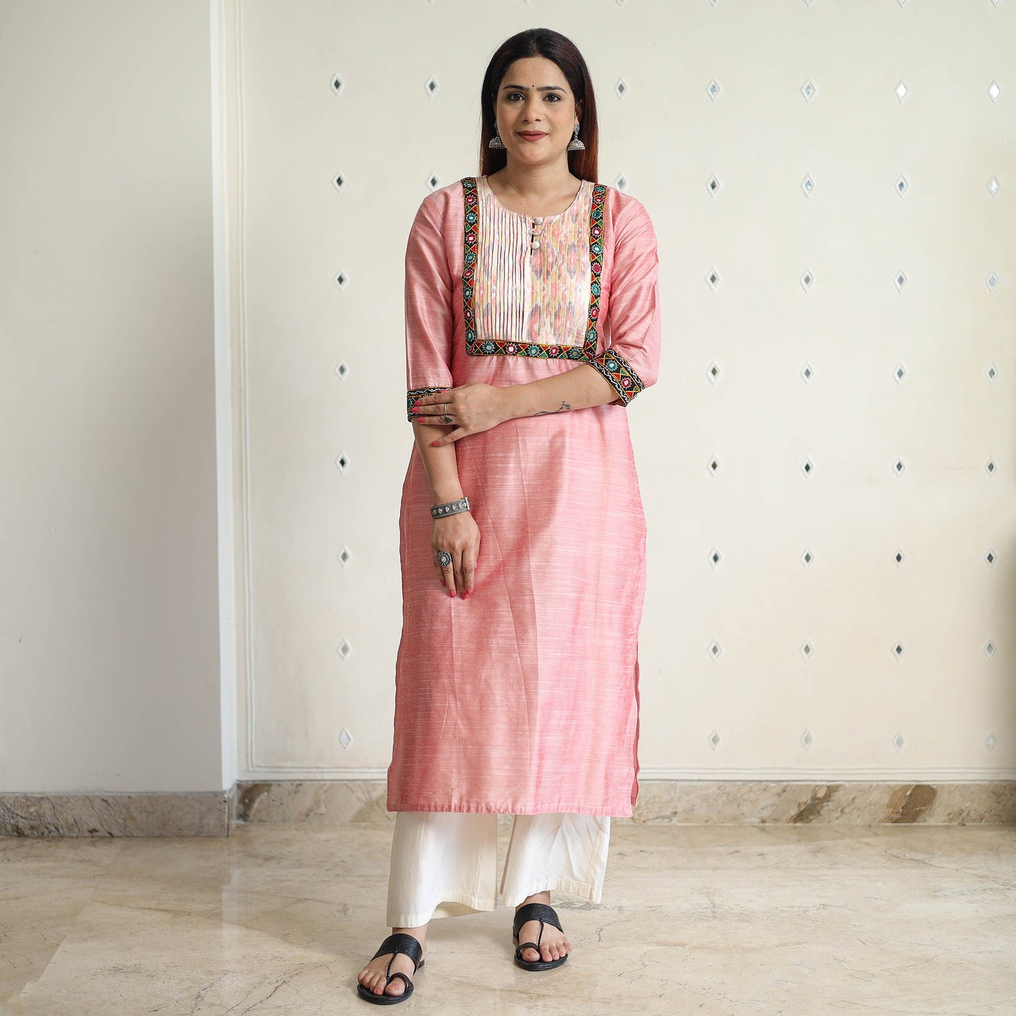 Plain Slub Silk Pintuck Long Straight Kurta with Ikat Patchwork 19