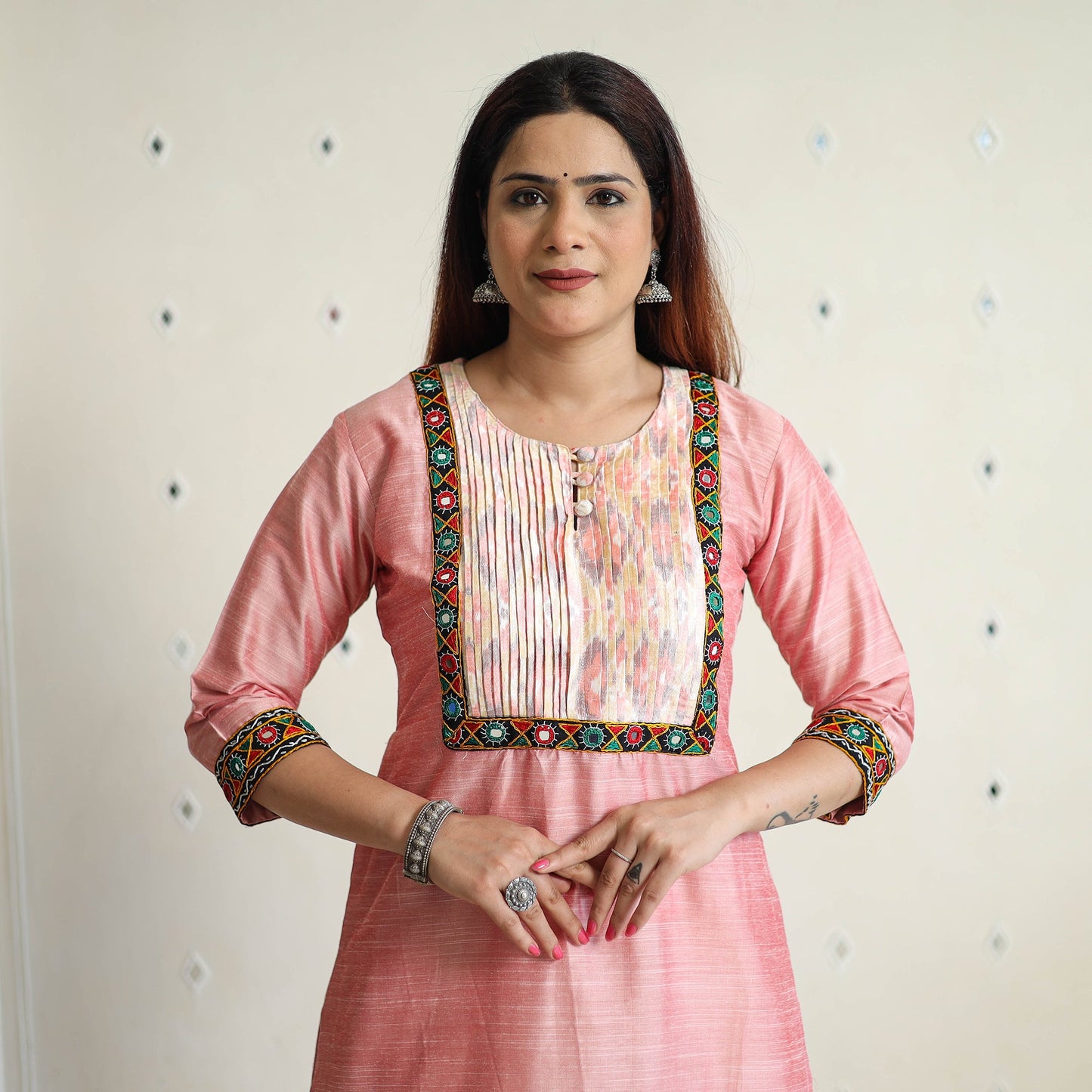 Plain Slub Silk Pintuck Long Straight Kurta with Ikat Patchwork 19