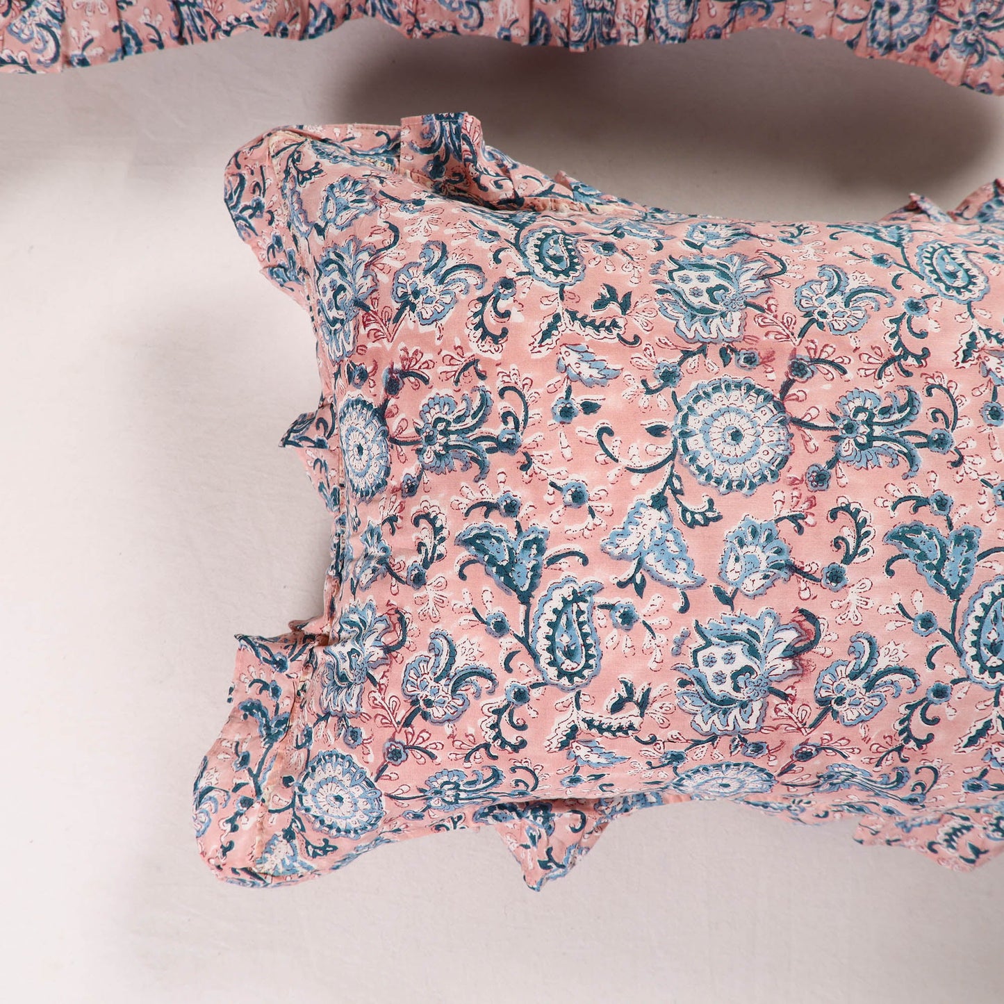 Light pink - set of 2 sanganeri cotton frill pillow covers