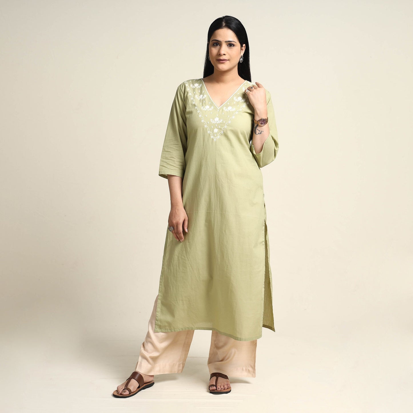 Plain Dyed Hand Embroidery Cotton Long Kurta