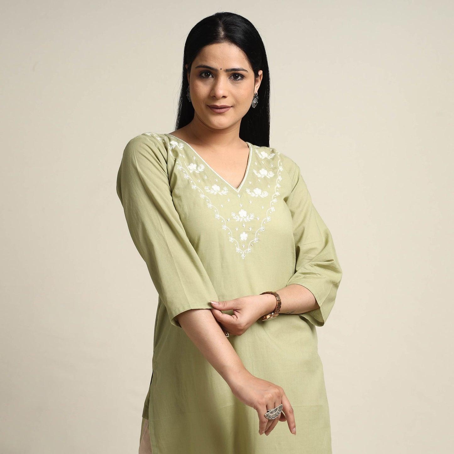 Plain Dyed Hand Embroidery Cotton Long Kurta