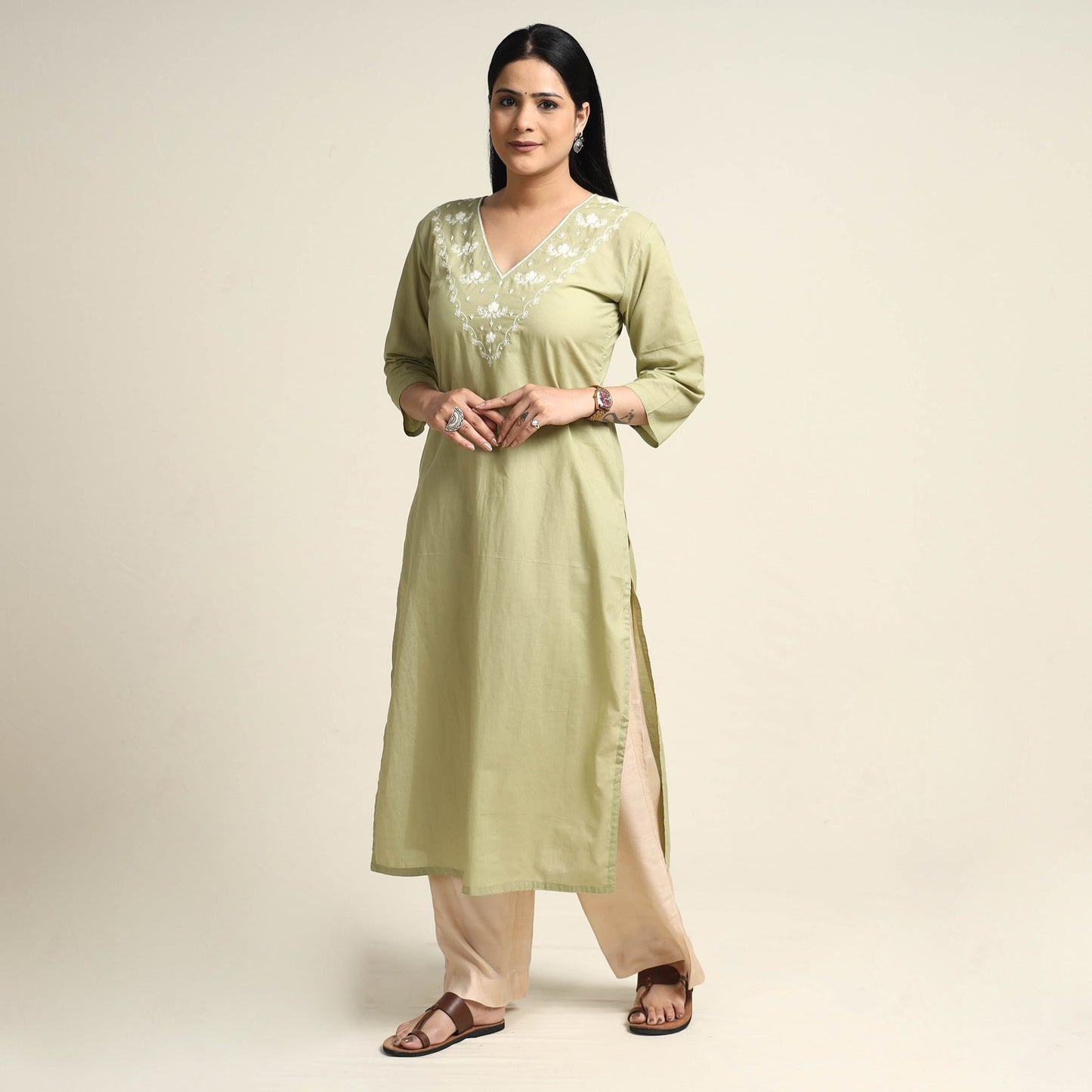 Plain Dyed Hand Embroidery Cotton Long Kurta