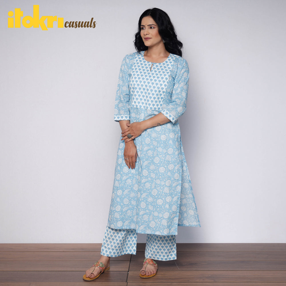 Light sky blue sanganeri hand printed cotton kurta