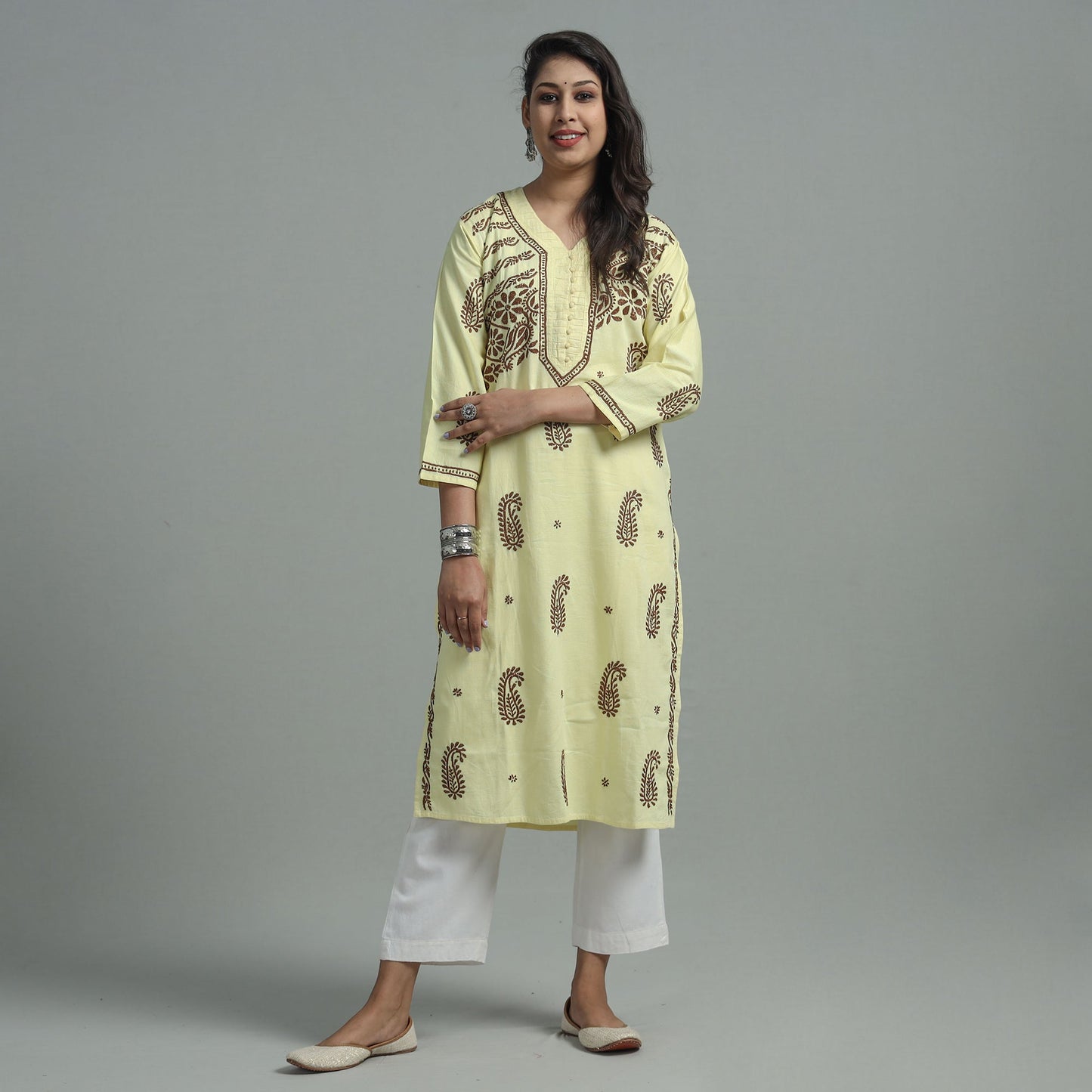 Light Yellow Chikankari Hand Embroidered Cotton Long Kurta for Women