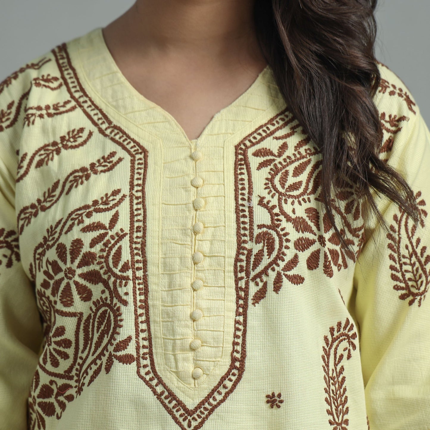 Light Yellow Chikankari Hand Embroidered Cotton Long Kurta for Women