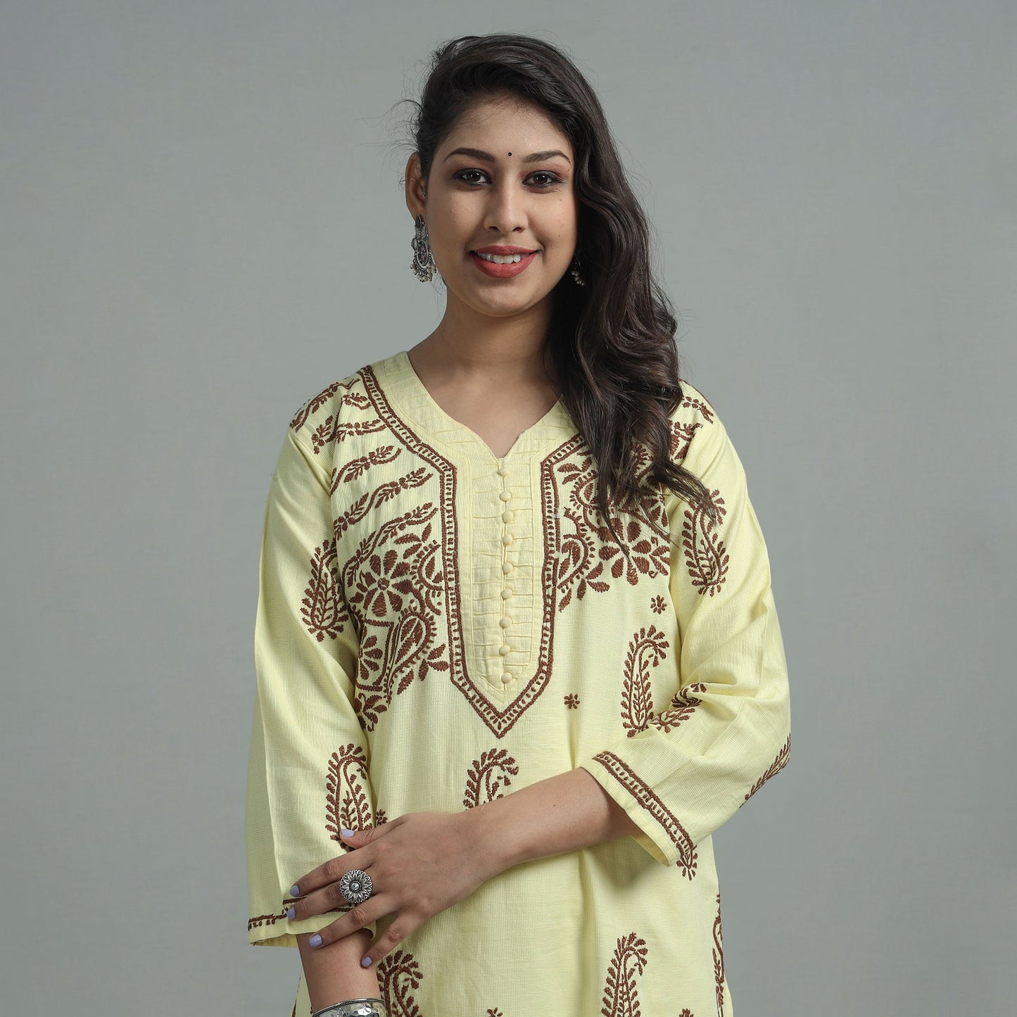 Light Yellow Chikankari Hand Embroidered Cotton Long Kurta for Women