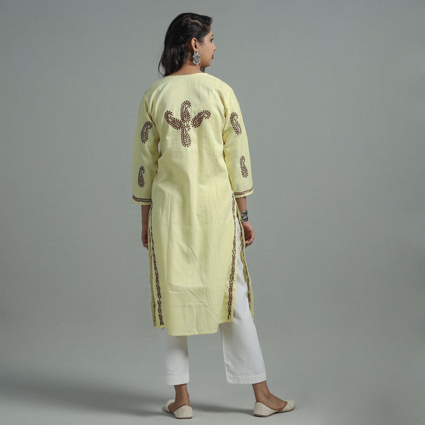 Light Yellow Chikankari Hand Embroidered Cotton Long Kurta for Women