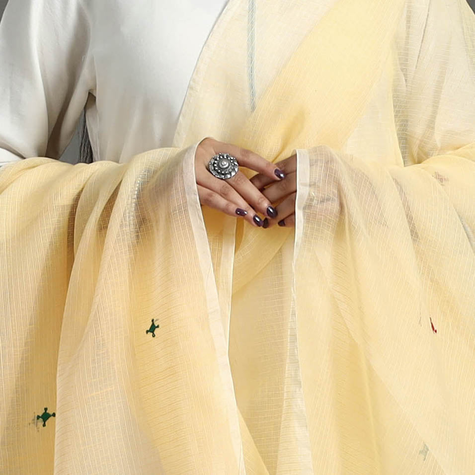 Light Yellow Hand Embroidery Cotton Kota Doria Dupatta