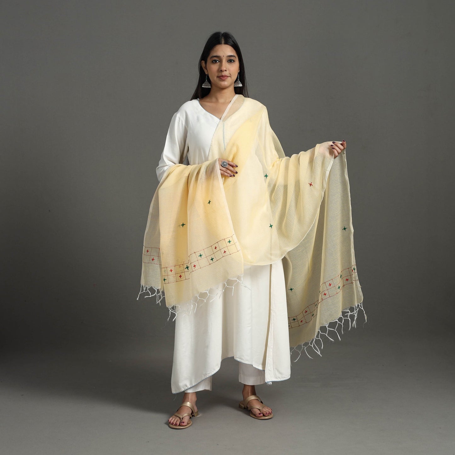 Light Yellow Hand Embroidery Cotton Kota Doria Dupatta