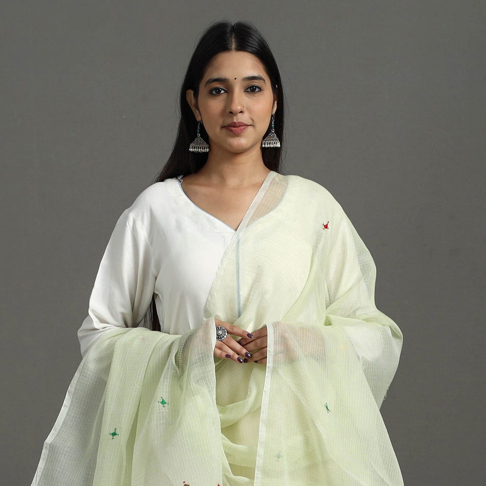 Light Yellow Hand Embroidery Cotton Kota Doria Dupatta
