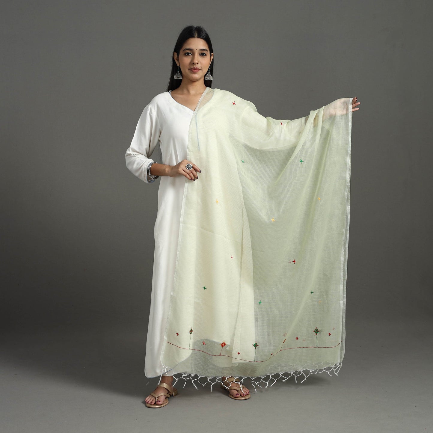 Light Yellow Hand Embroidery Cotton Kota Doria Dupatta