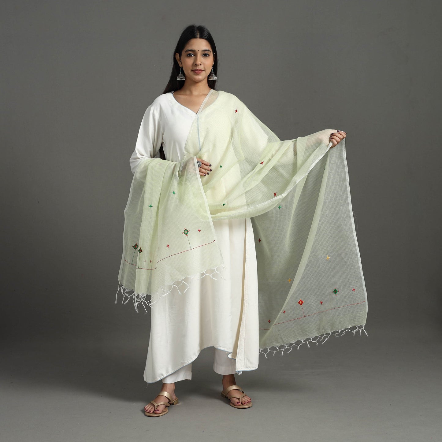 Light Yellow Hand Embroidery Cotton Kota Doria Dupatta