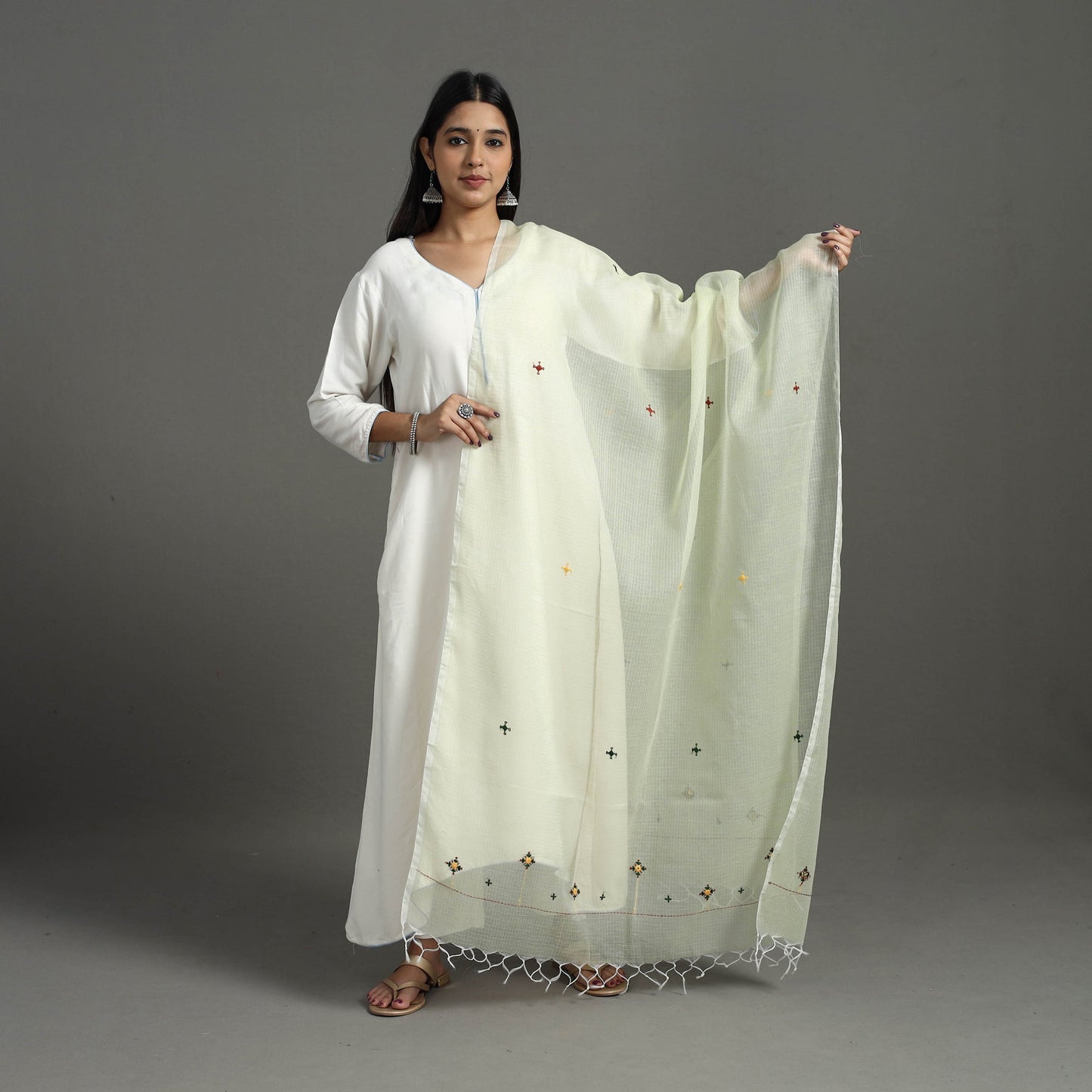 Light Yellow Hand Embroidery Cotton Kota Doria Dupatta