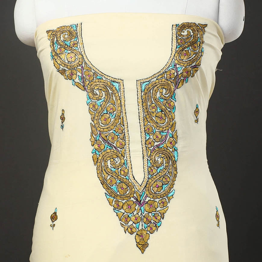 Light yellow - kashida hand embroidery cotton unstitched