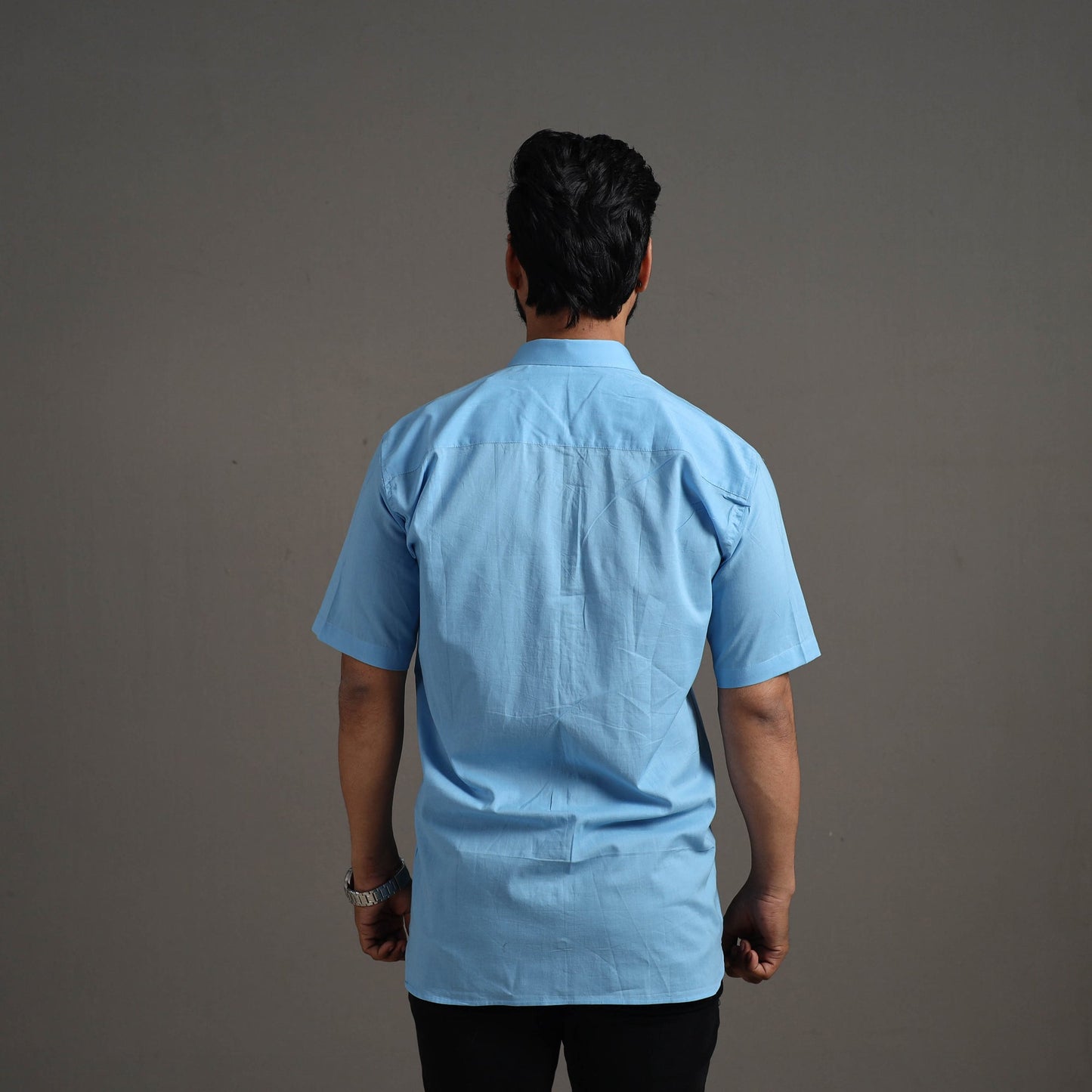 Buy Light Blue Plain Cotton Men Half Sleeve Shirt