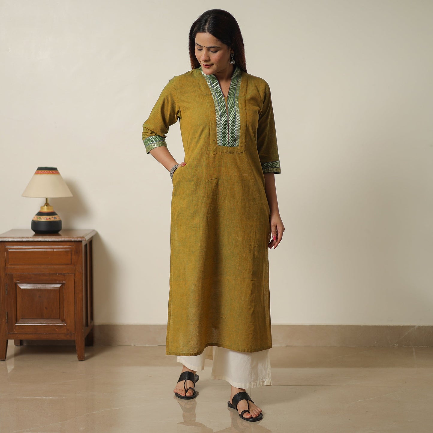 Buy Lime Green Dharwad Cotton Long Straight Kurta for Women