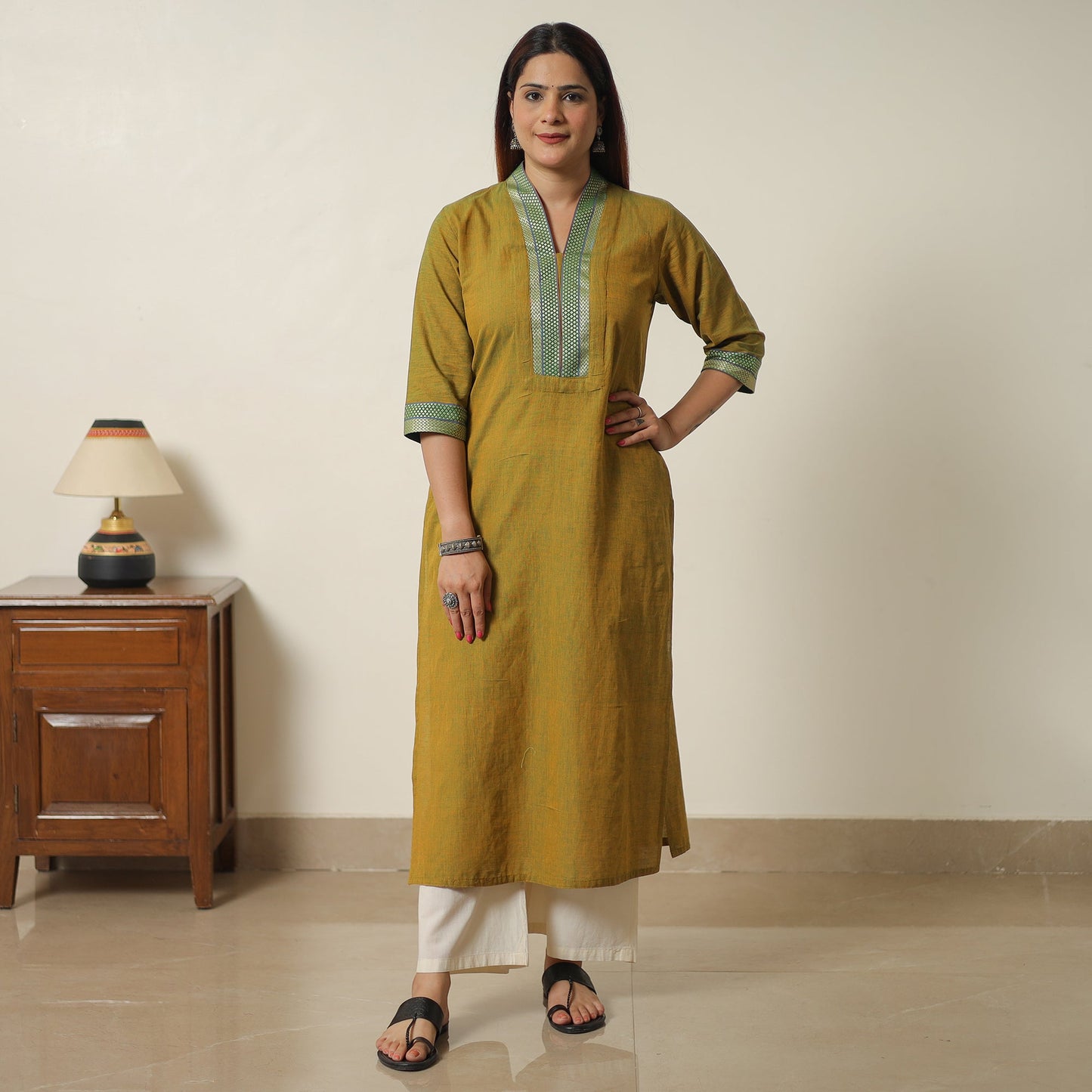 Buy Lime Green Dharwad Cotton Long Straight Kurta for Women