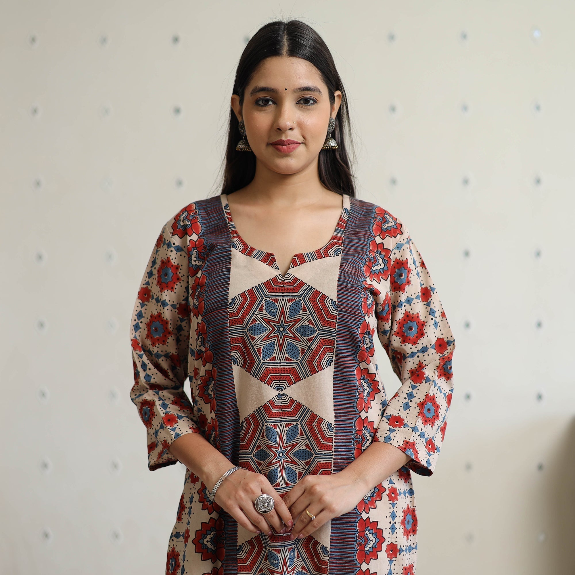Limited Stock! Beige - Ajrakh Block Printed Cotton Straight Long Kurta 11