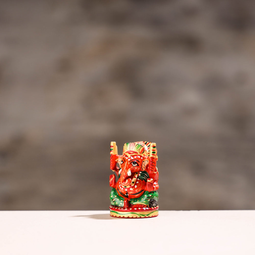 Lord Ganesha - Handcarved Kadam Wood Handpainted Sculpture