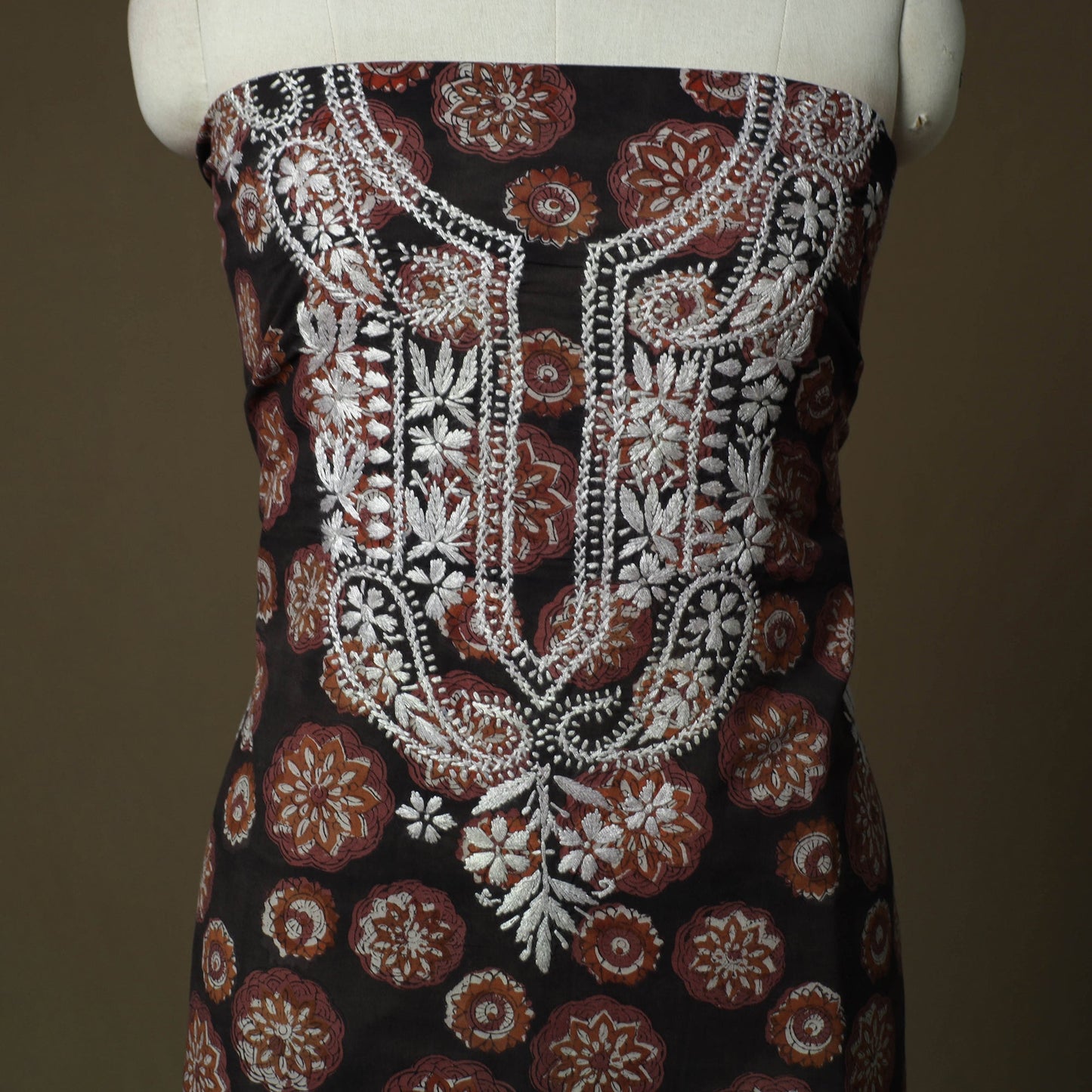 Lucknowi chikankari hand work bagru block print unstitched