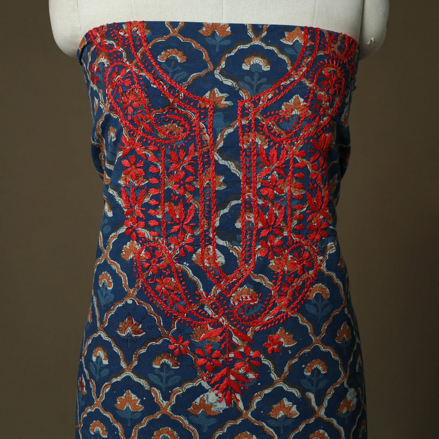 Lucknowi chikankari hand work bagru block print unstitched