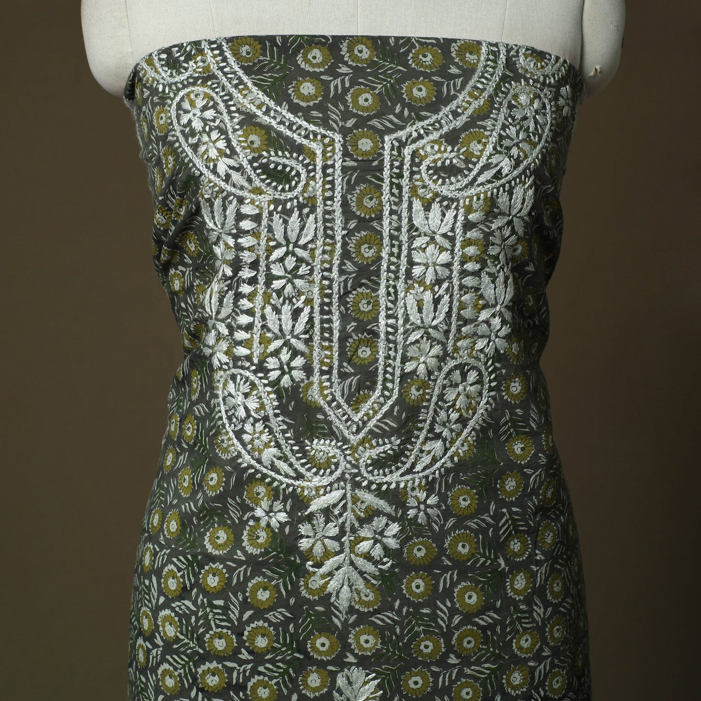 Lucknowi chikankari hand work bagru block print unstitched