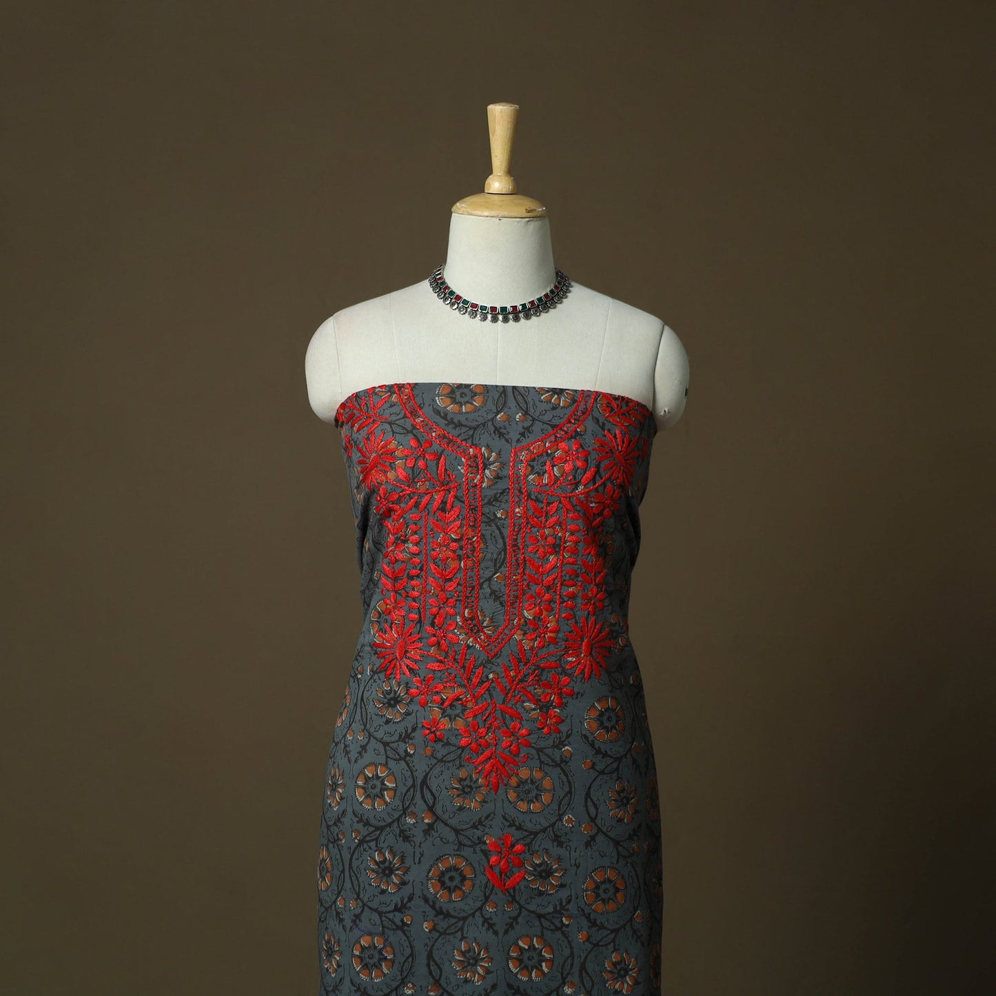 Lucknowi chikankari hand work bagru block print unstitched