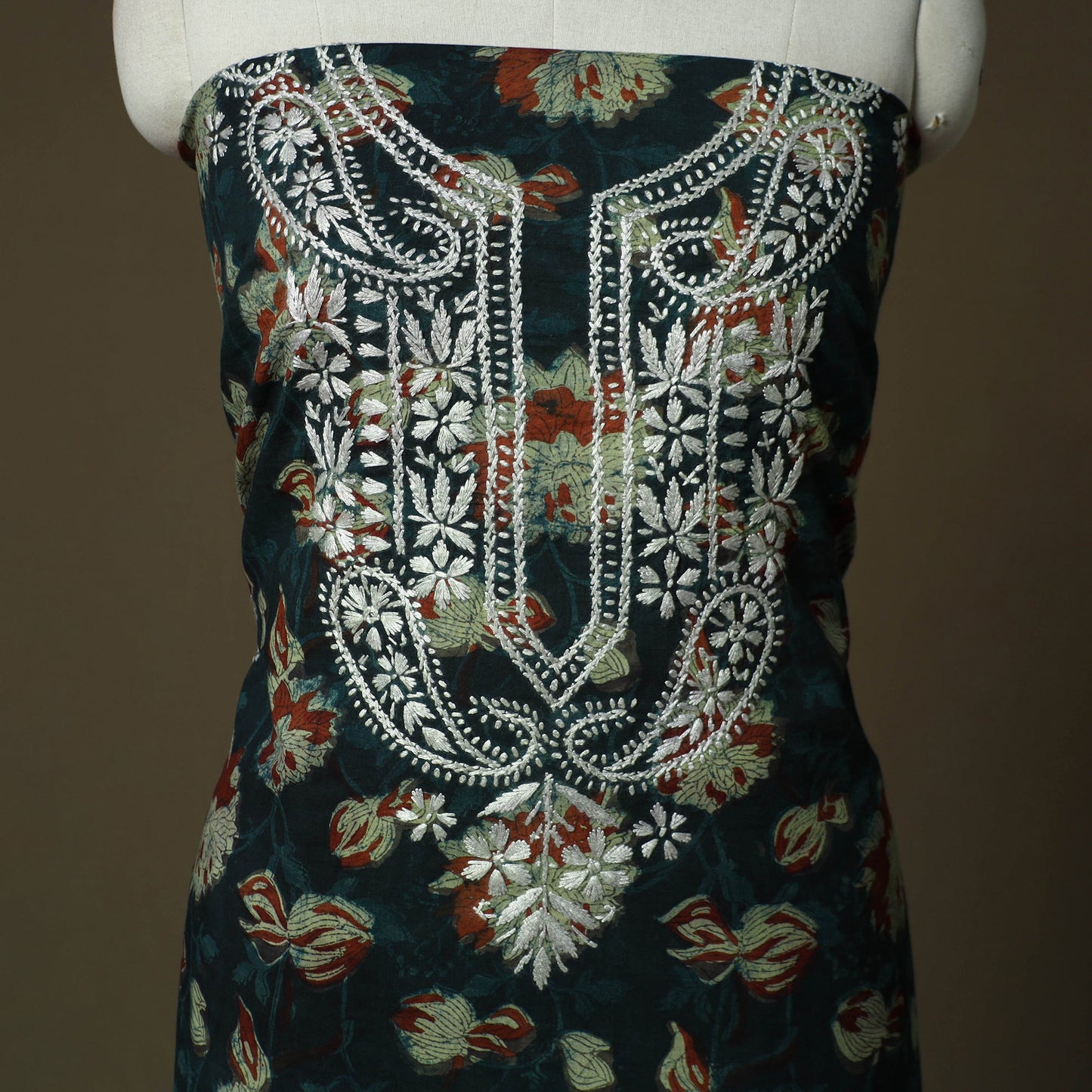 Lucknowi chikankari hand work bagru block print unstitched