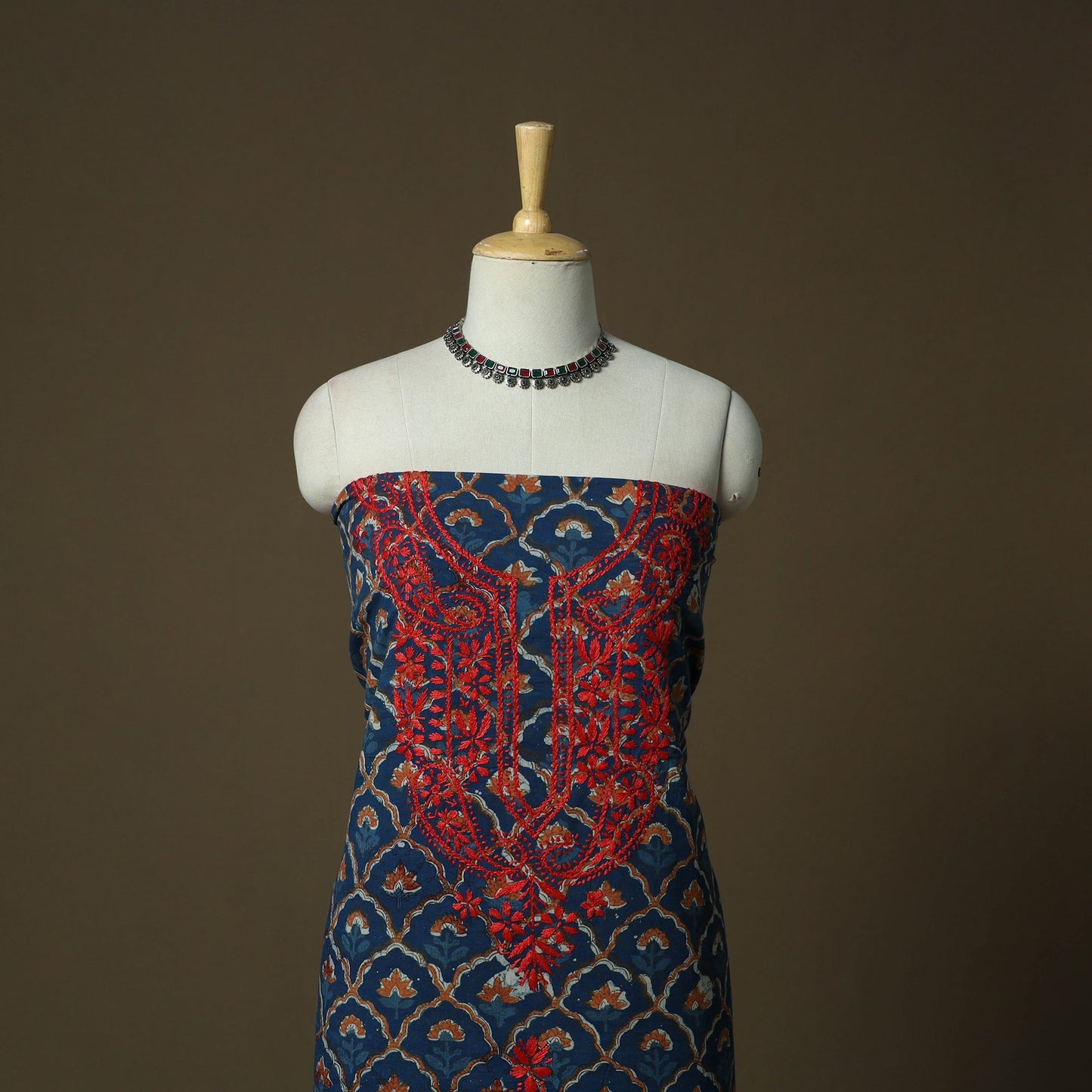 Lucknowi chikankari hand work bagru block print unstitched