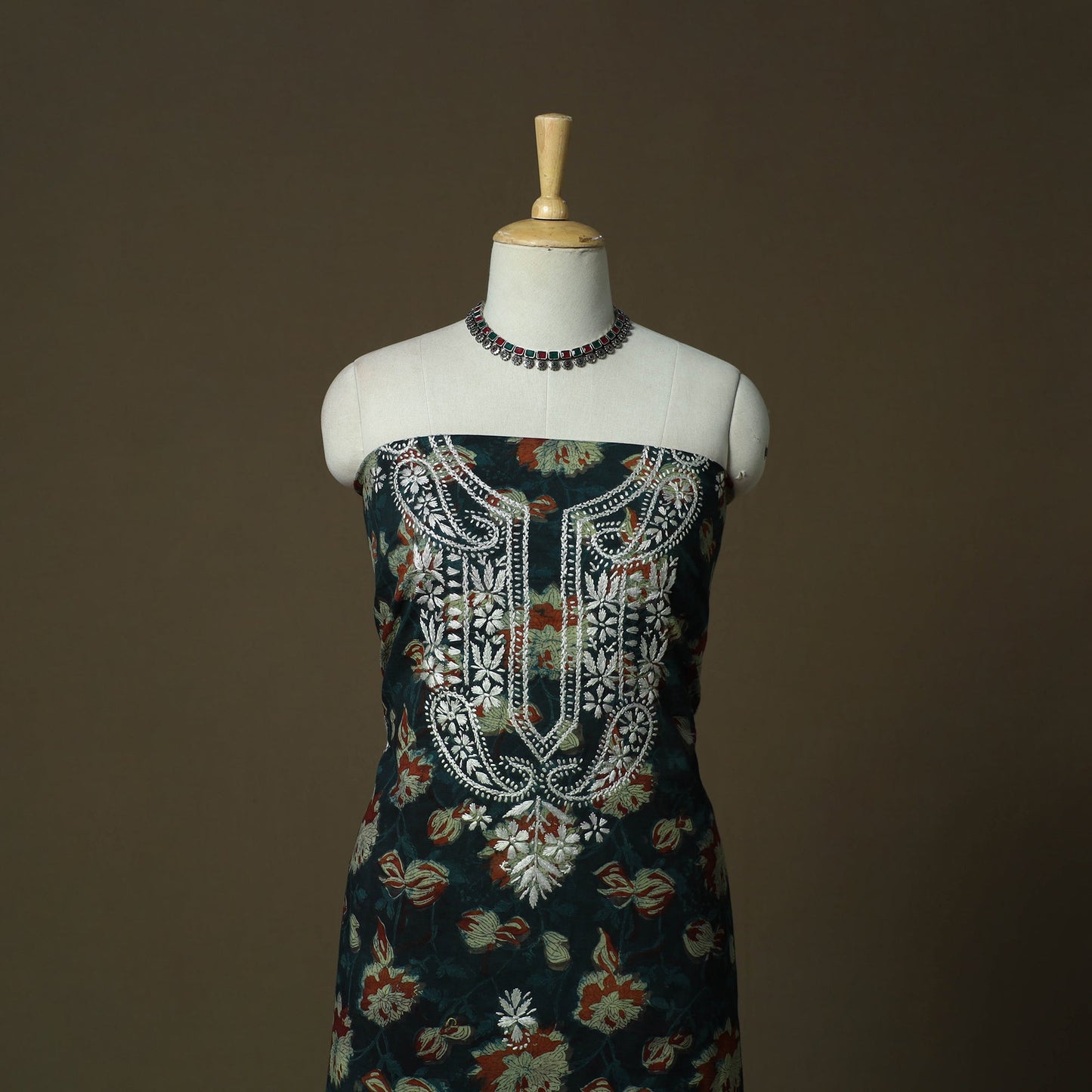 Lucknowi chikankari hand work bagru block print unstitched