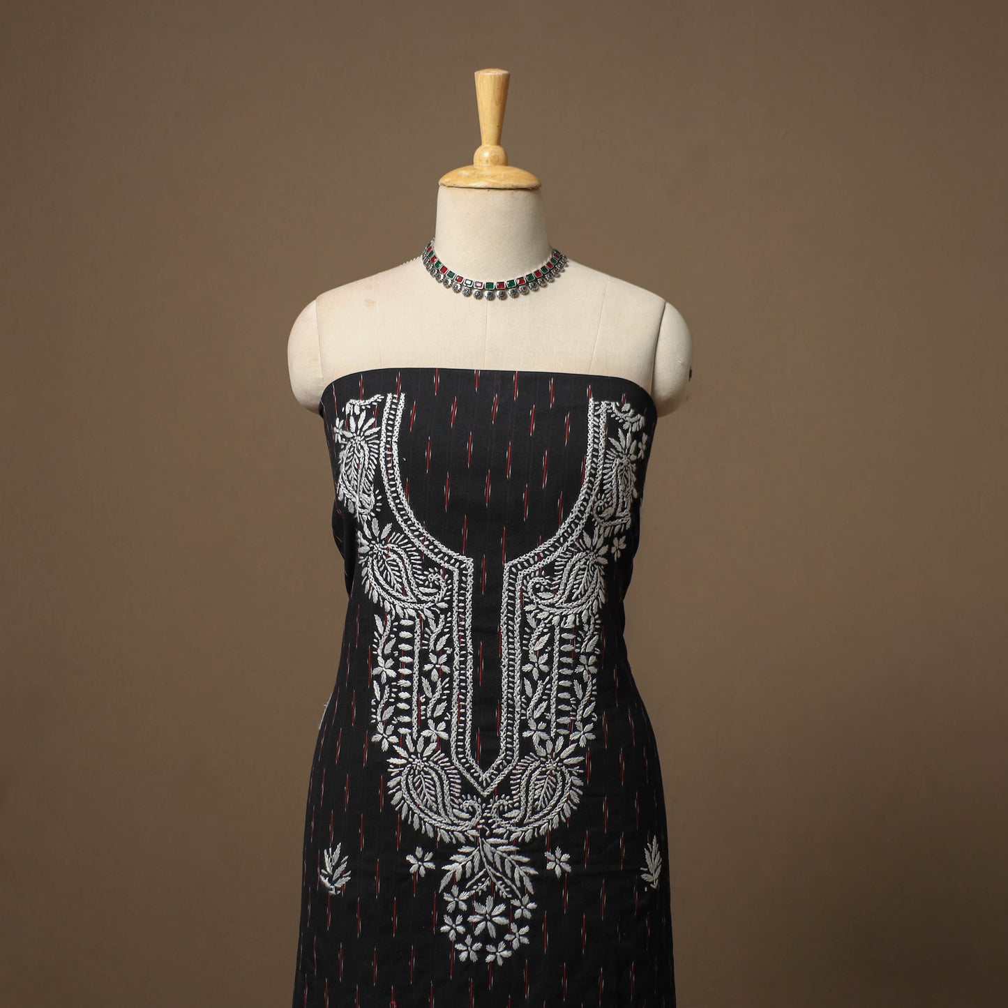Lucknowi chikankari hand work pochampally ikat unstitched