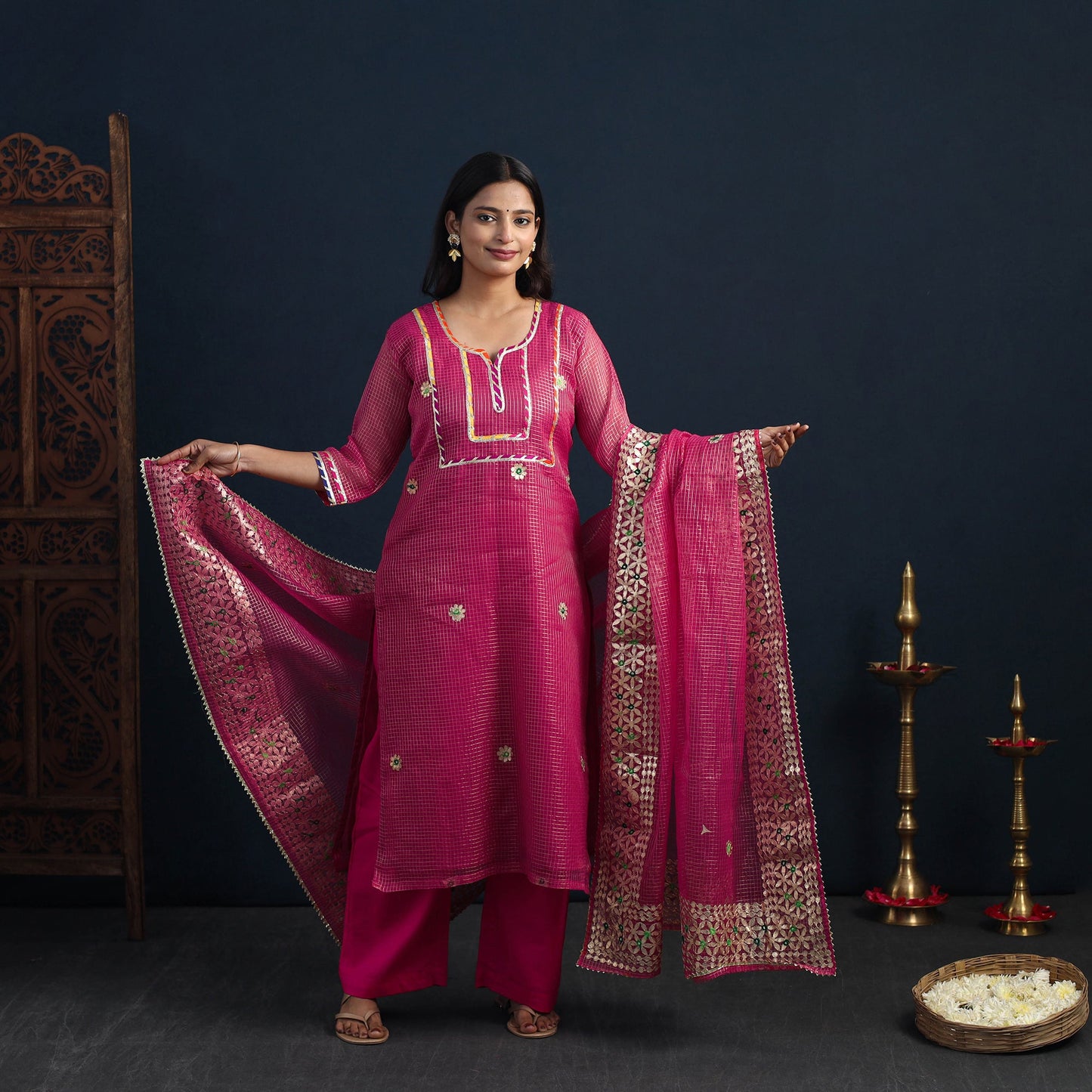 Magenta Pink Elegant Gota Work Silk Kota Doria Kurta Set