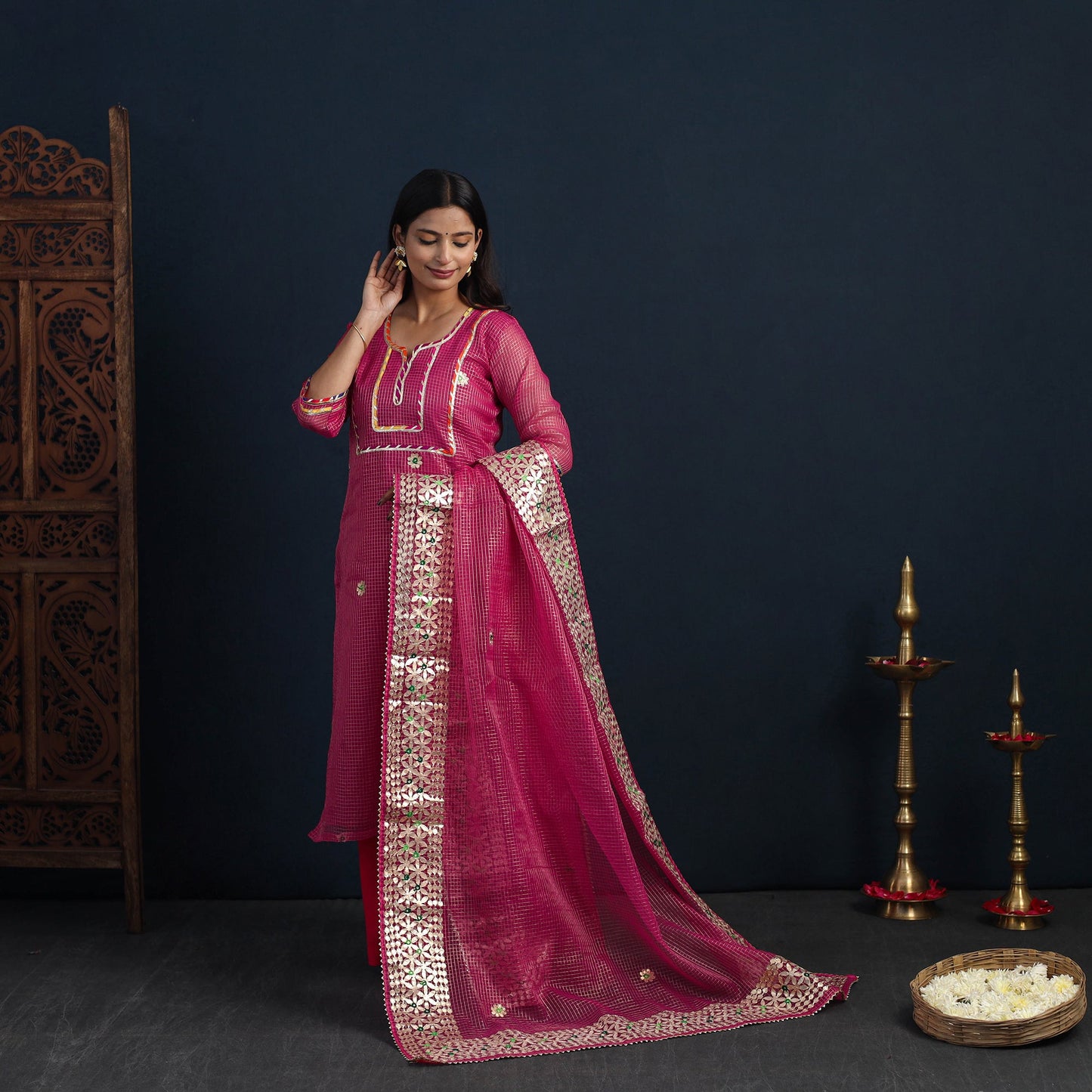 Magenta Pink Elegant Gota Work Silk Kota Doria Kurta Set