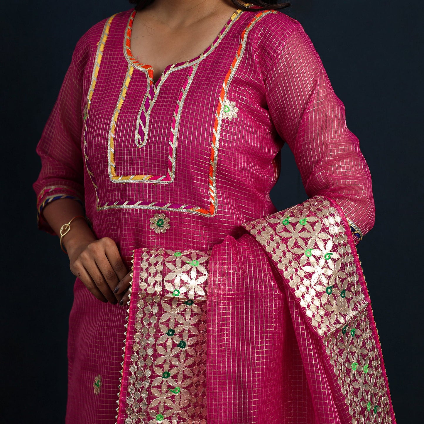 Magenta Pink Elegant Gota Work Silk Kota Doria Kurta Set