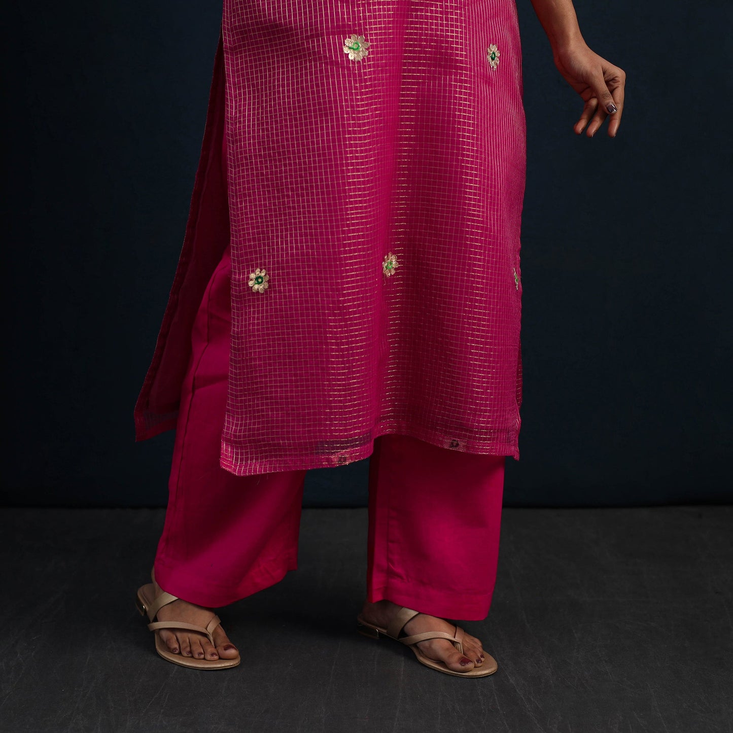 Magenta Pink Elegant Gota Work Silk Kota Doria Kurta Set