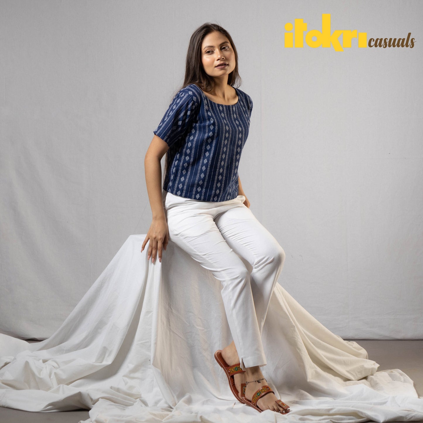 iTokri Casuals - Marian Blue Jacquard Cotton Crop Top