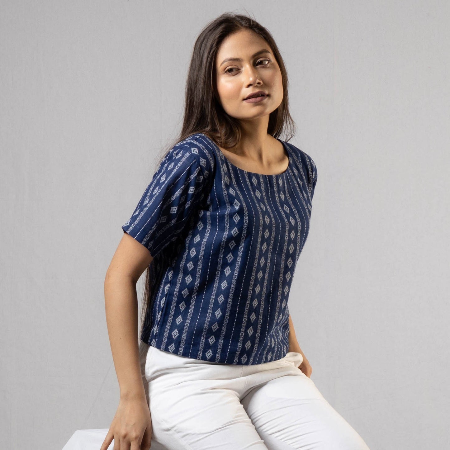 iTokri Casuals - Marian Blue Jacquard Cotton Crop Top