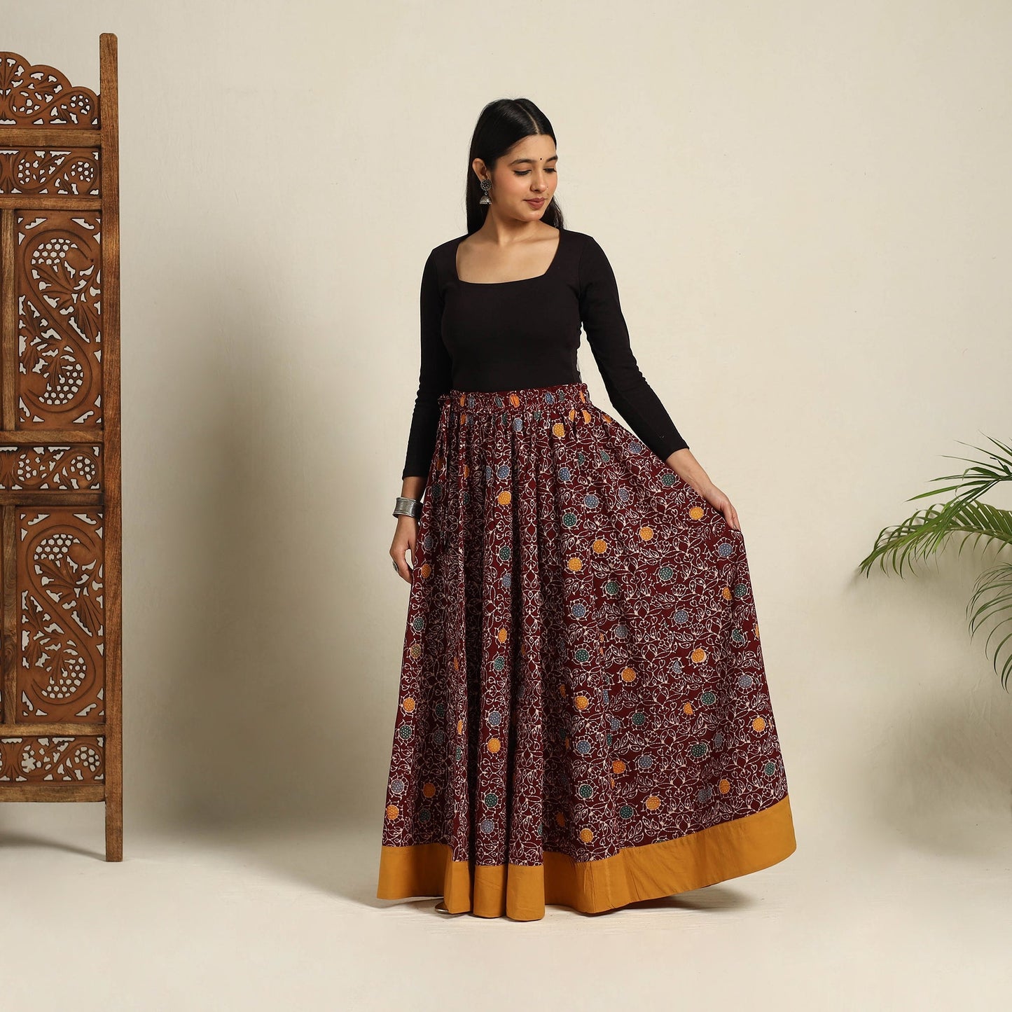24 Kali Maroon Patchwork Batik Print Cotton Long Skirt