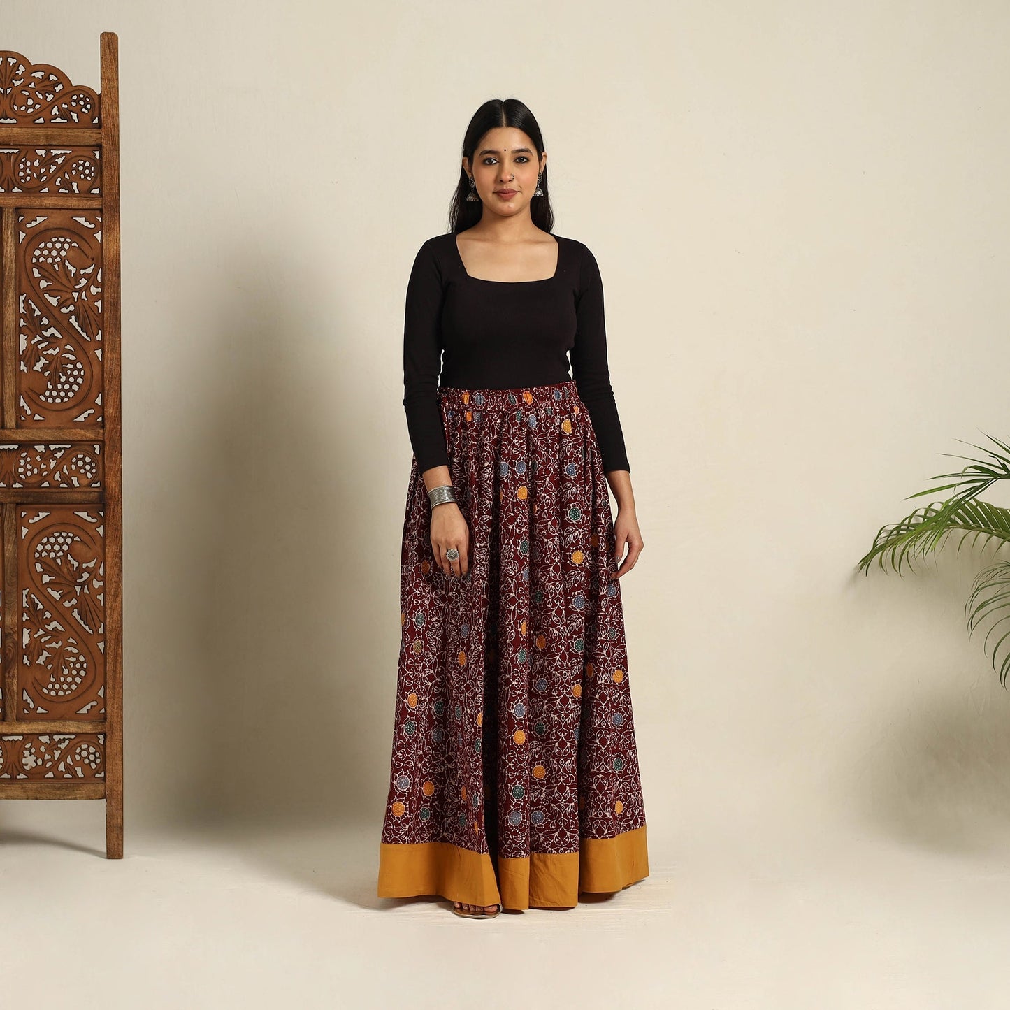 24 Kali Maroon Patchwork Batik Print Cotton Long Skirt