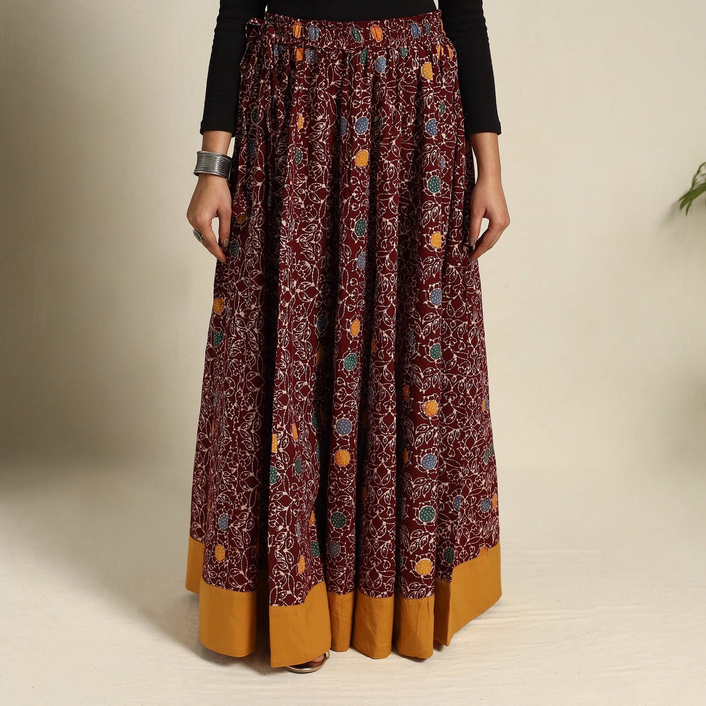 24 Kali Maroon Patchwork Batik Print Cotton Long Skirt