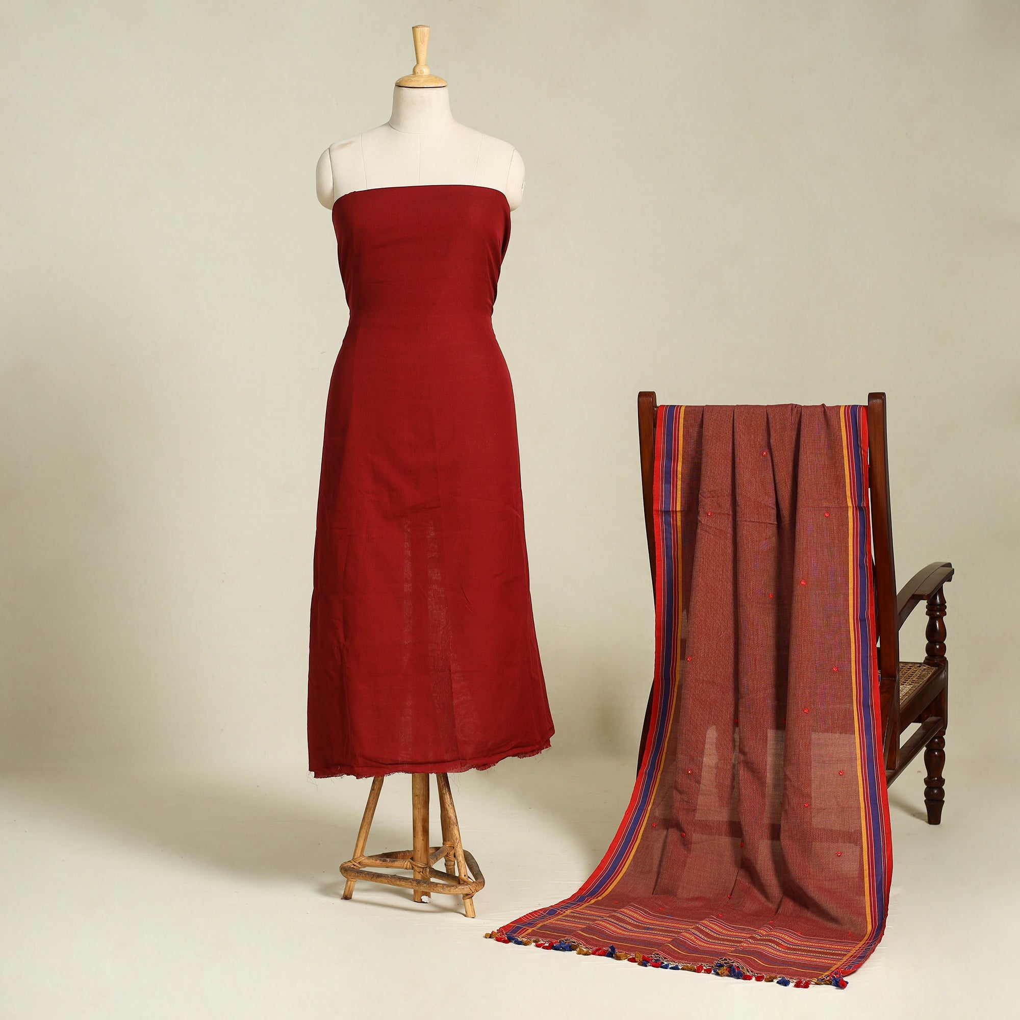 Maroon - 2pc Handloom Fine Cotton Kutch Bhujodi Unstitched Dress Material 06