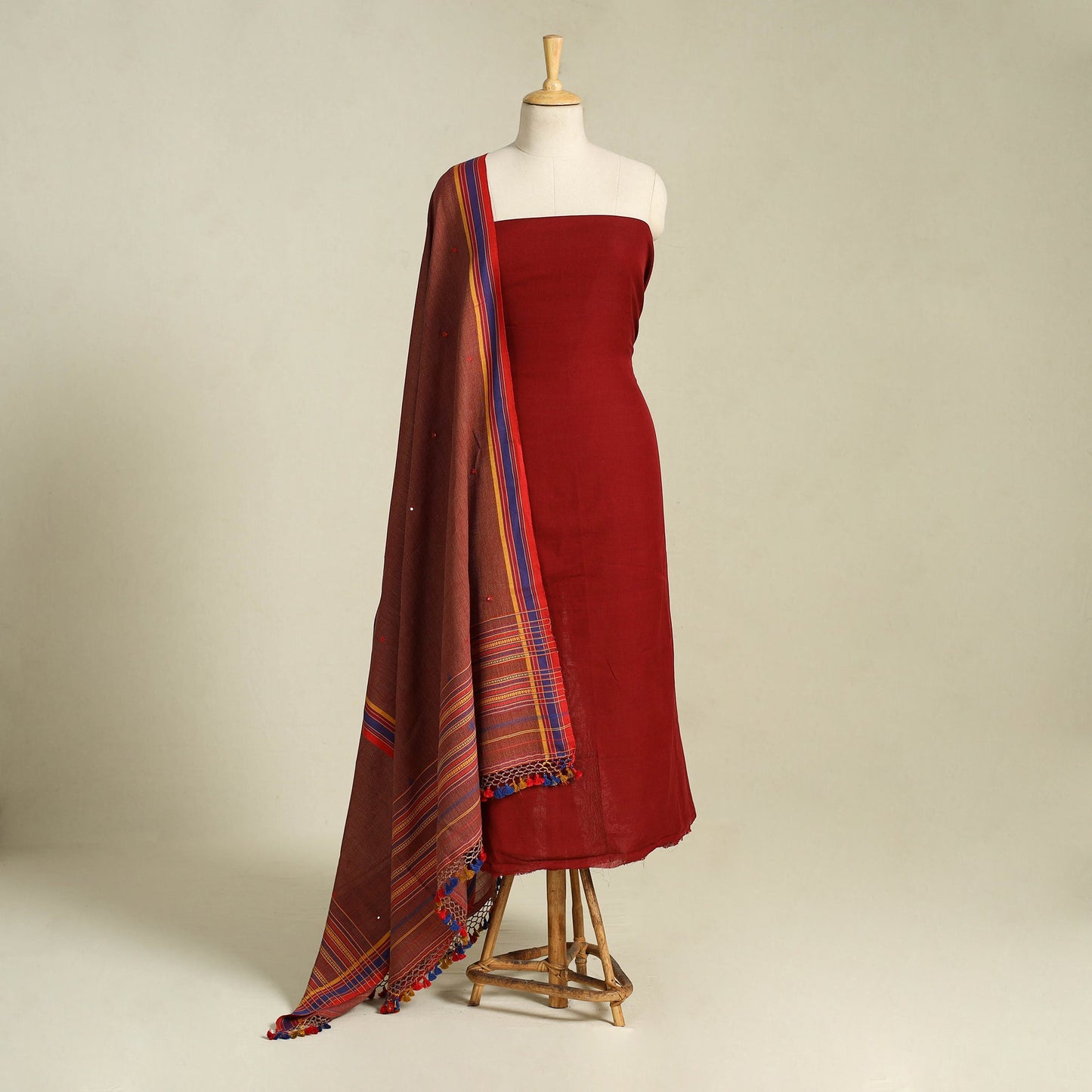 Maroon 2pc Handloom Fine Cotton Kutch Bhujodi Dress Material
