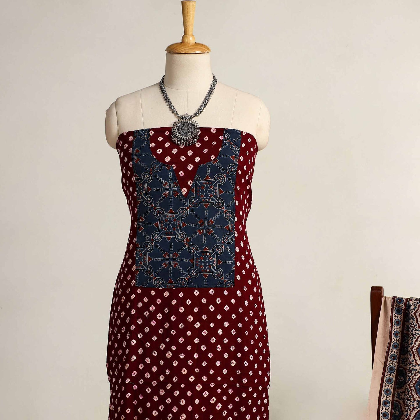 Maroon 2pc Tie-Dye Cotton Bandhani Kurta with Ajrakh Dupatta