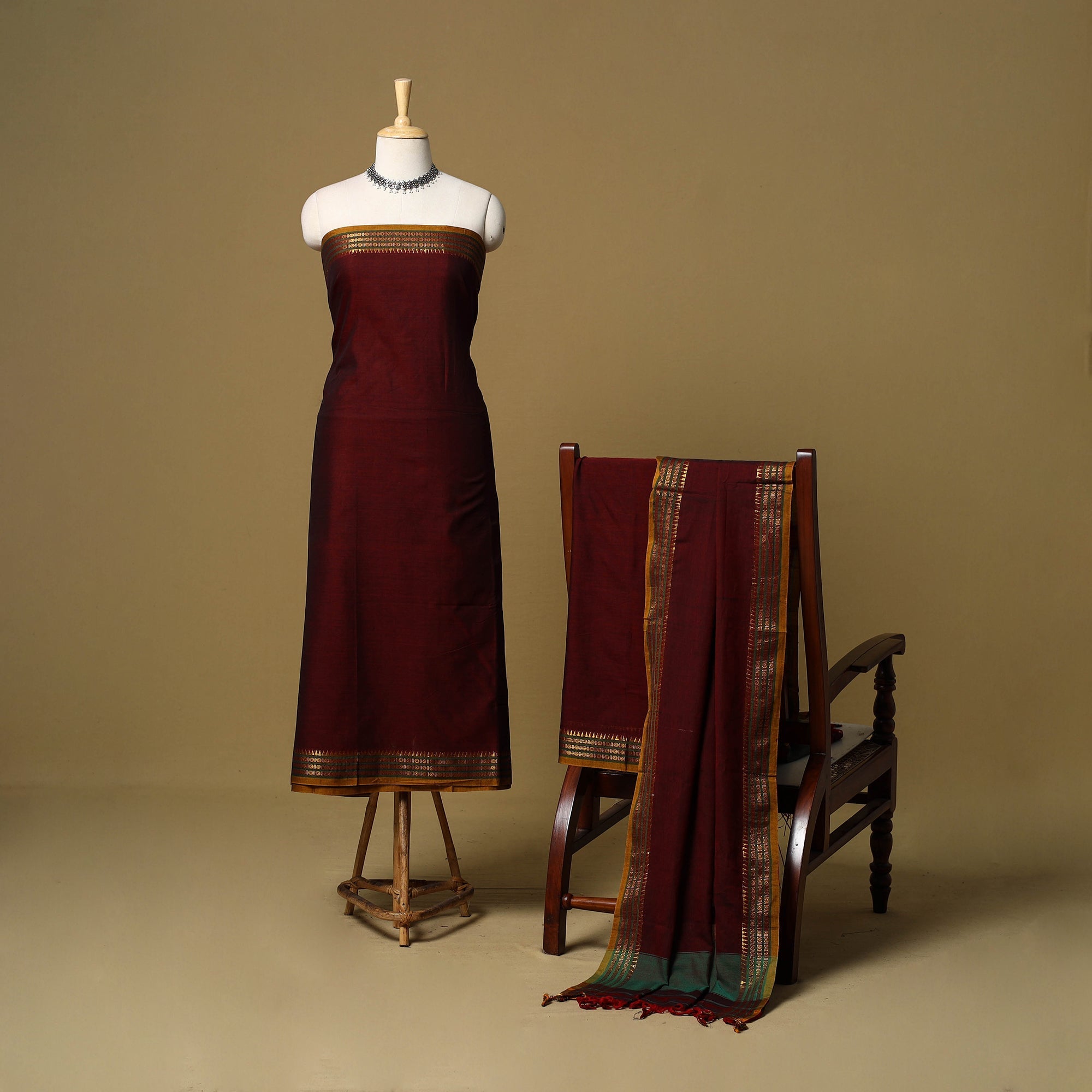 Purple - Dharwad Cotton 3pc Unstitched Dress Material with Border 107