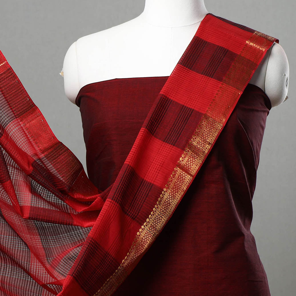 Maroon - 3pc Mangalagiri Handloom Cotton Suit Material Set with Zari Border