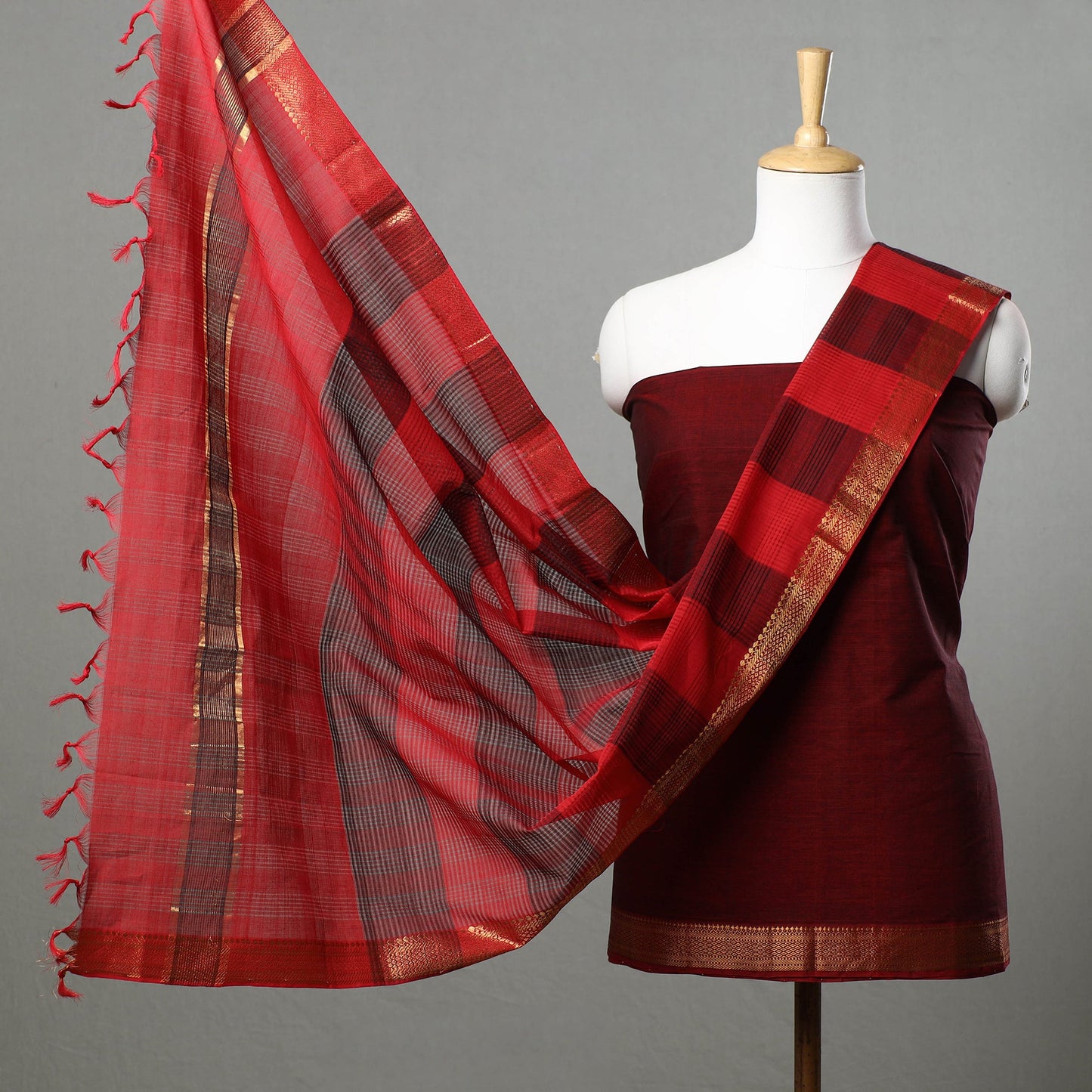 Maroon - 3pc Mangalagiri Handloom Cotton Suit Material Set with Zari Border