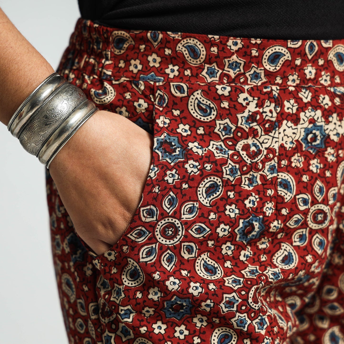Maroon - printed cotton elasticated pant - handcrafted