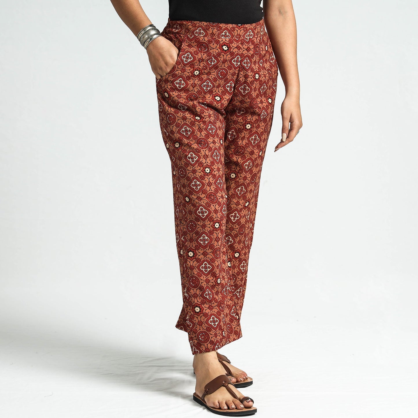 Maroon - orange - printed cotton elasticated pant
