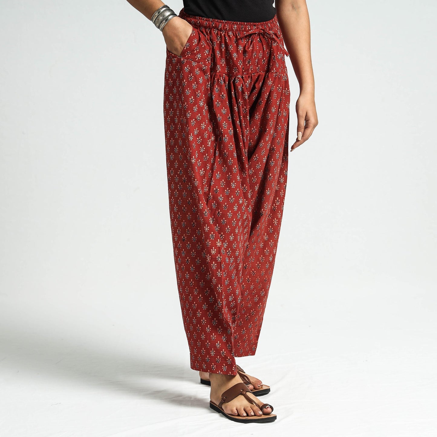 Maroon - printed cotton elasticated salwar - handcrafted