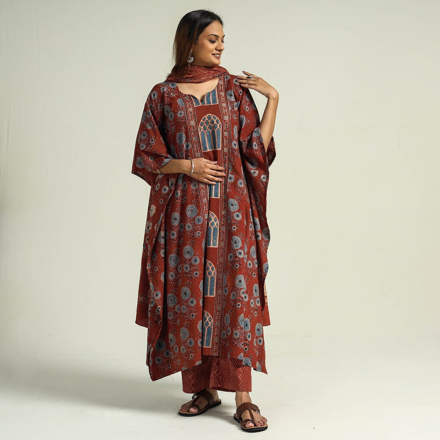 Ajrakh Kaftan with Palazzo & Dupatta Set